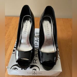 5"Stilettos by Rampage Size 8M black patent. Open toe.
